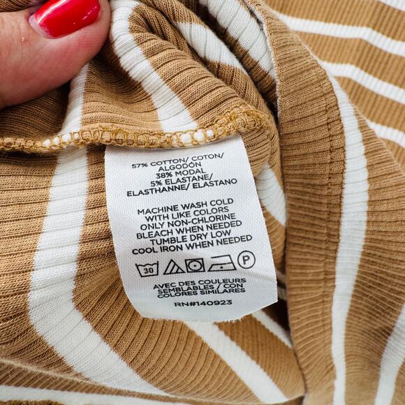 Ann Taylor Weekend Tan White Striped Puff Shoulder Ribbed Long Sleeve Top Size L - Picture 6 of 7